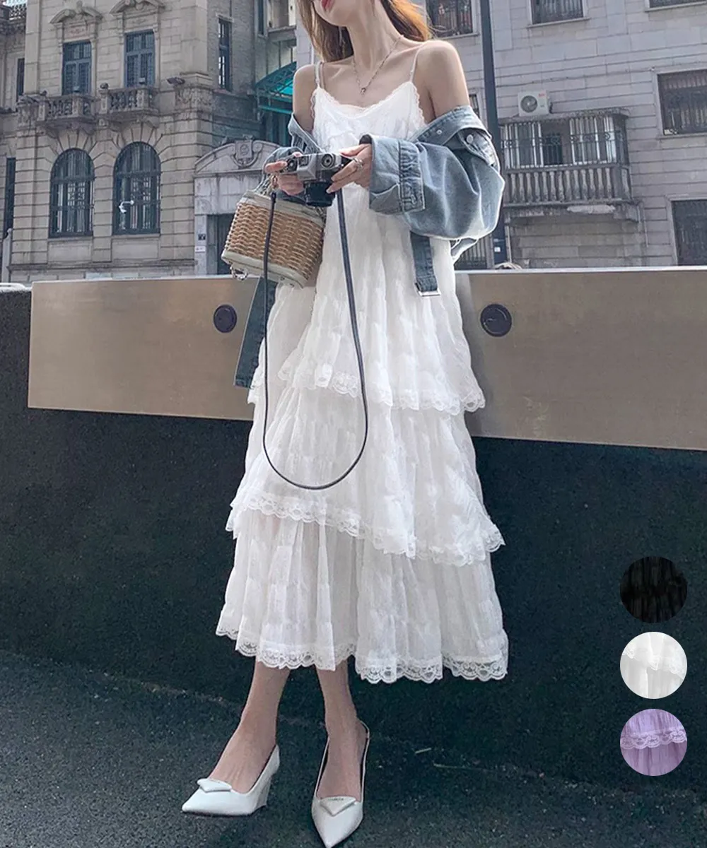 ティアードキャミワンピース レースデザイン Aライン 体型カバー リゾート ワンピース ノースリーブ 春夏 カジュアル フェミニン