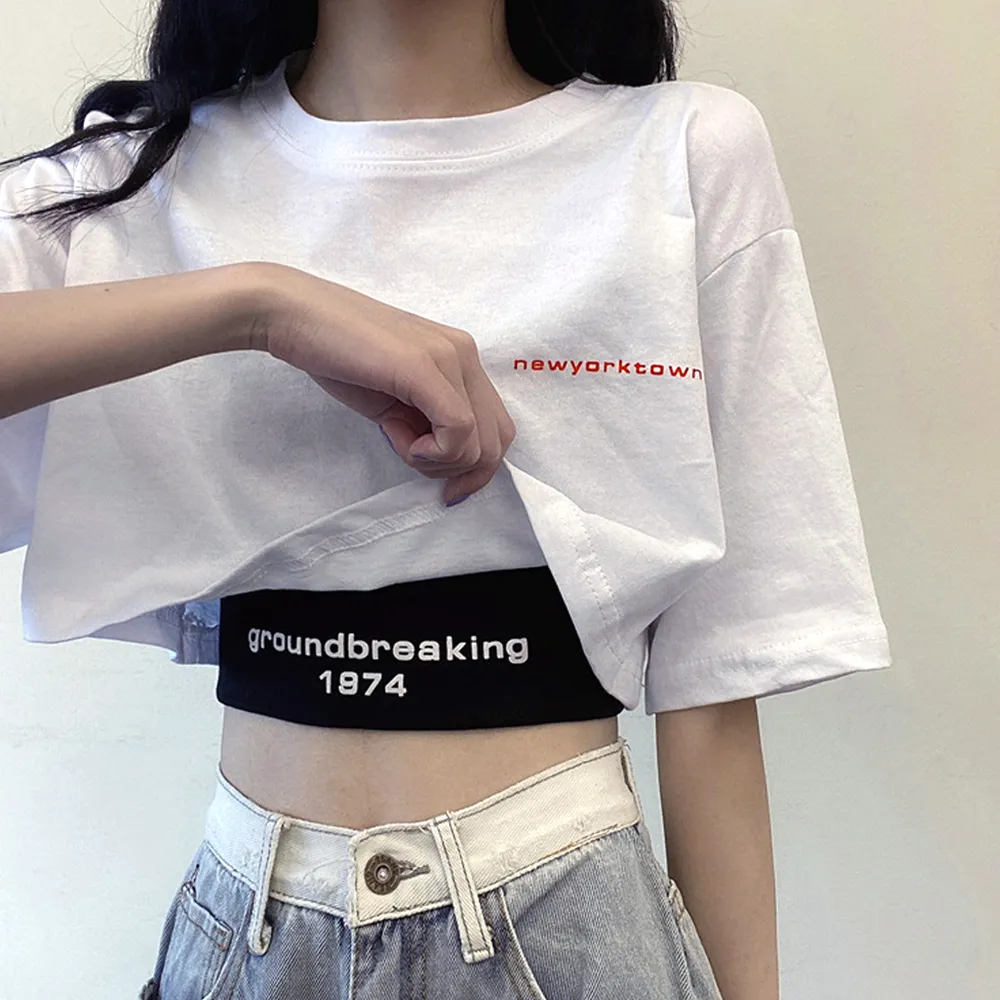 【2点セット】ヘソ出しTシャツ＆タンクトップ レディース 春夏用 ショート丈・半袖 カジュアル・セクシー アンサンブル 英字柄