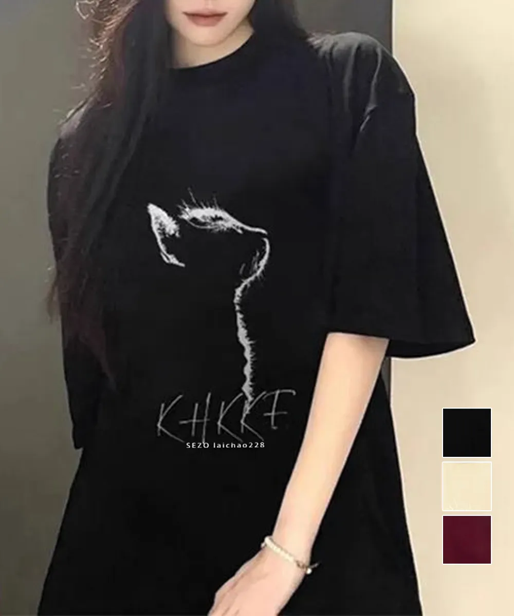 ビッグTシャツ レディース 半袖 オーバーサイズ 猫プリント 韓国風 春夏