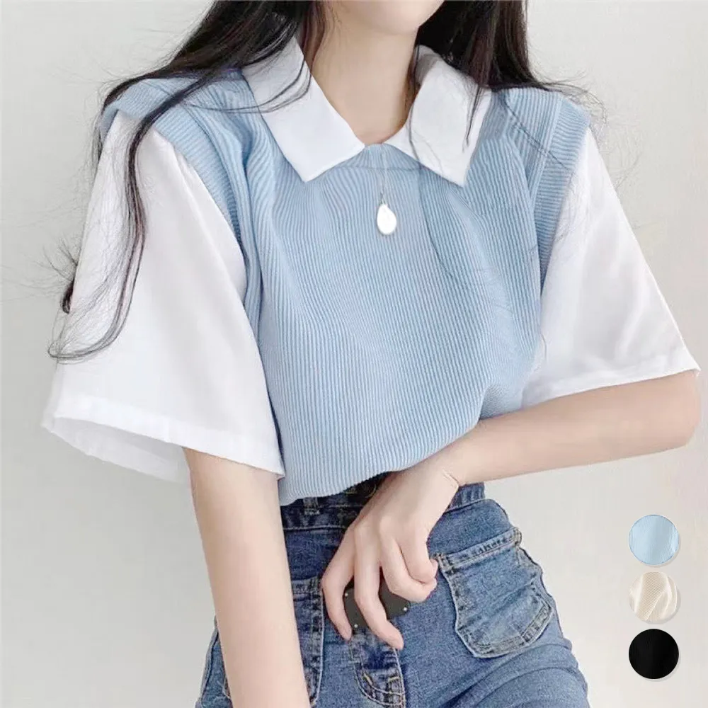 半袖ニットTシャツ レイヤード風デザインで体型カバー | カジュアルにもキレイめにも着回せる大人女性向けトップス