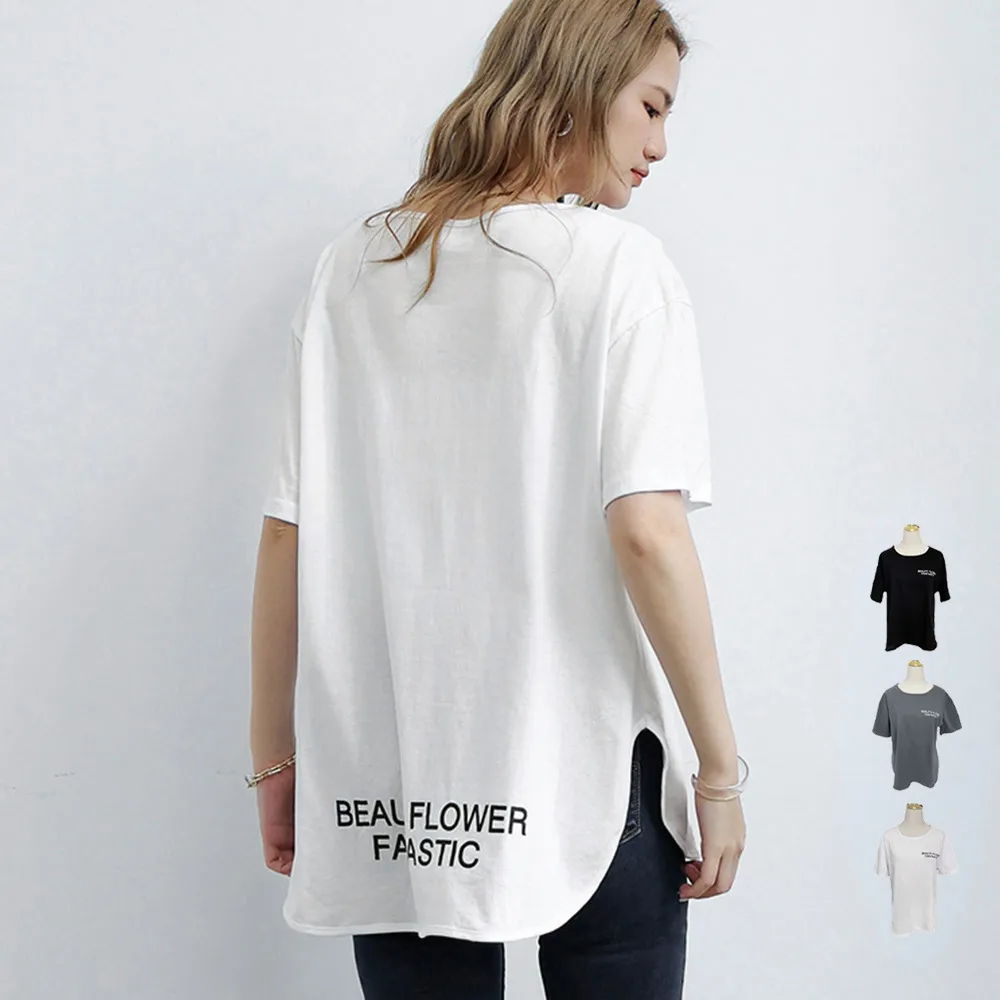 ロングTシャツ レディース 韓国風ロゴデザイン サイドスリットで体型カバー ビッグシルエット 半袖プルオーバー カジュアル服 白 黒 灰 大きいサイズ対応 M/L/XL/XXL