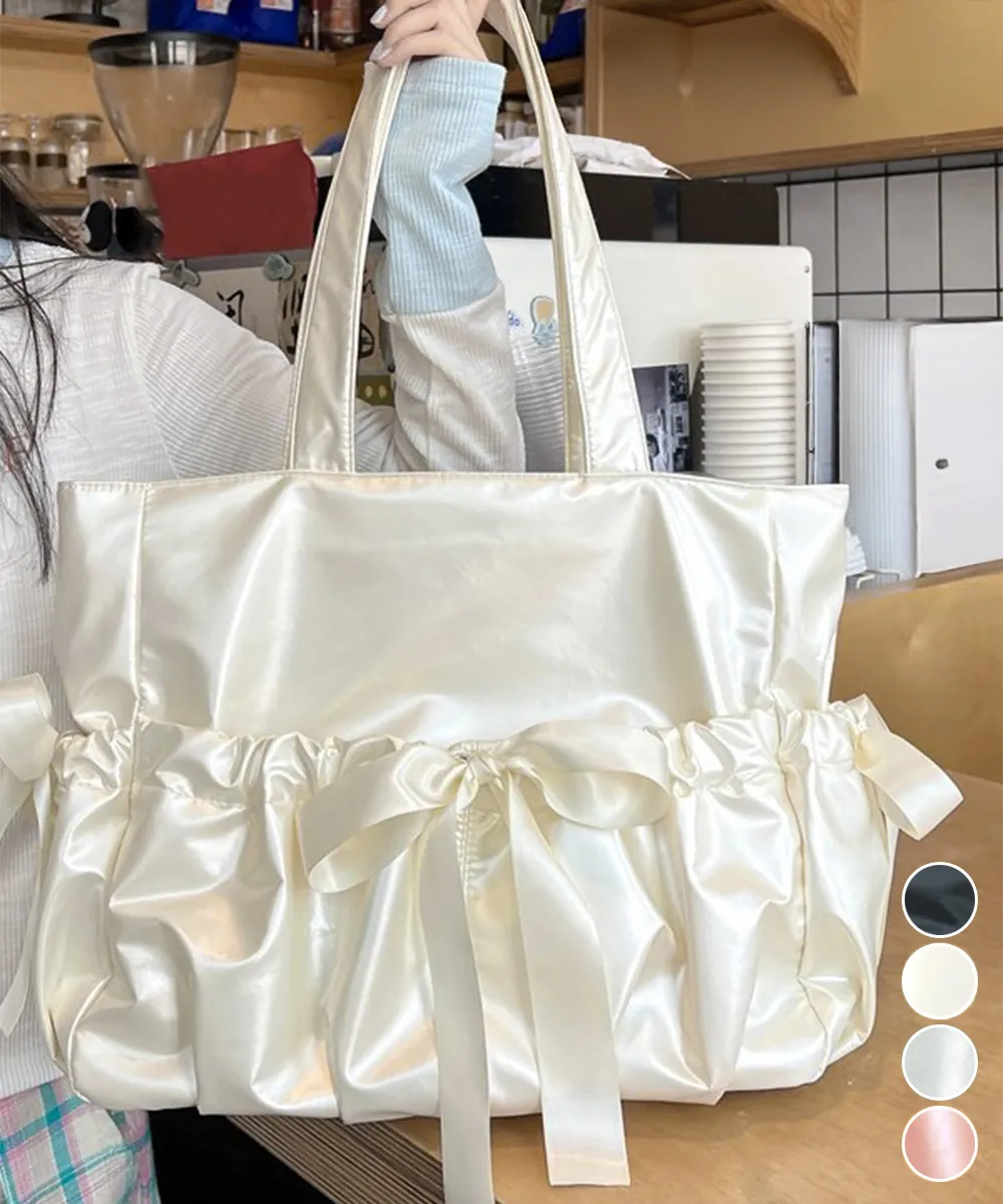 痛バッグ 大人可愛いリボントートバッグ｜サテン風透明ポケット付き大容量トート A4収納可 軽量設計