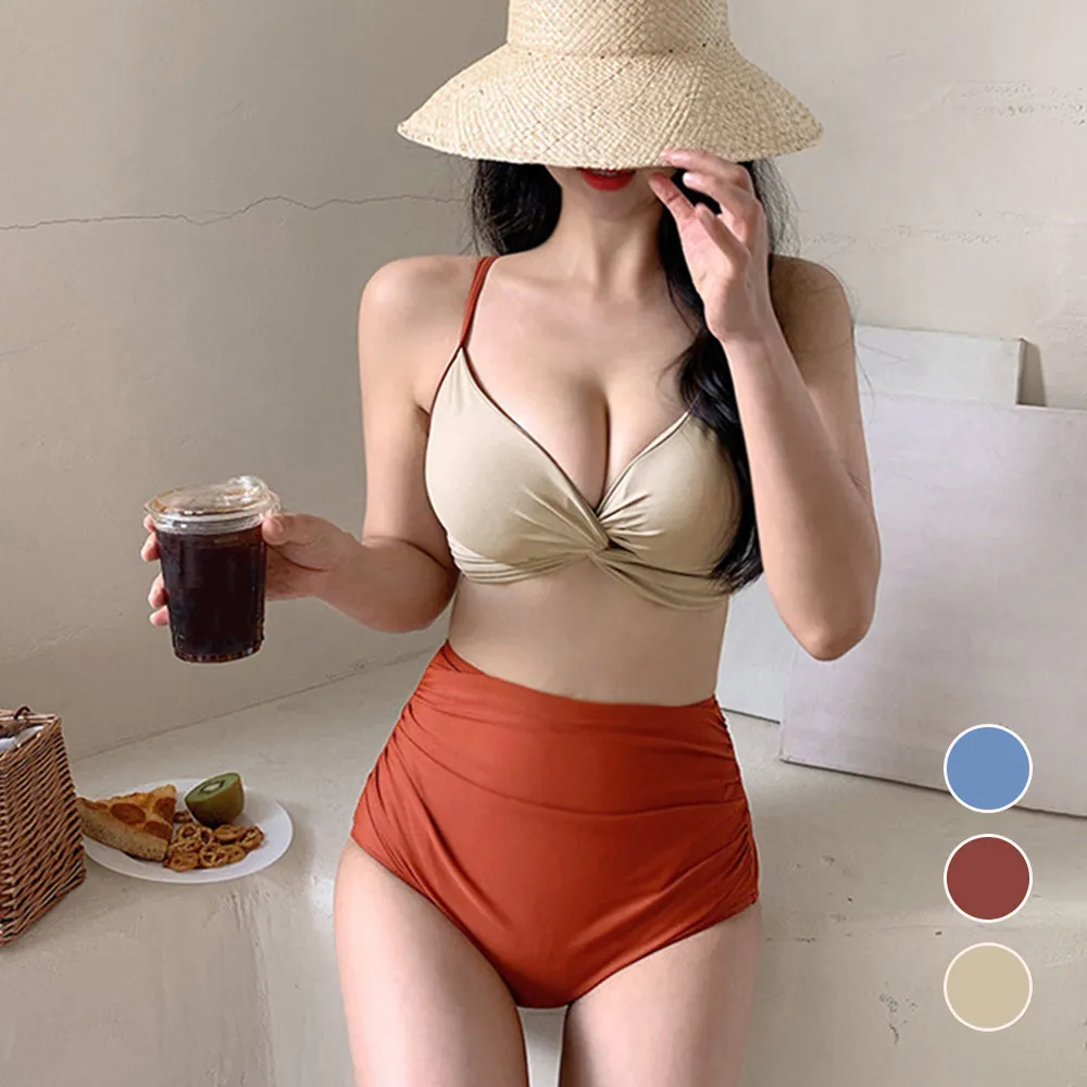セクシーなクロスデザインレディースビキニ水着2点セット ハイウエストで脚長効果 | 韓国ファッションの魅力的なスイムウェア