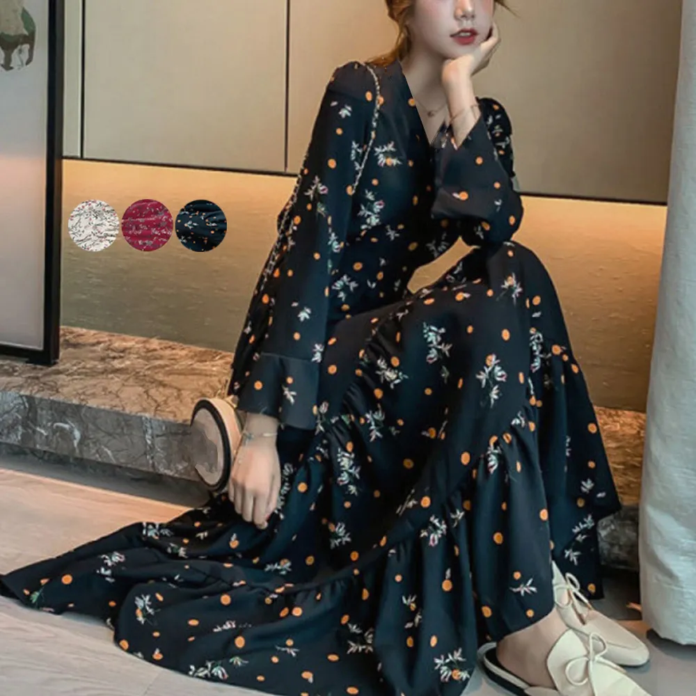 ティアード長袖ロングワンピース レディース春夏秋向け 花柄カシュクール ハイウエストAライン オルチャンVネック フレアドレス