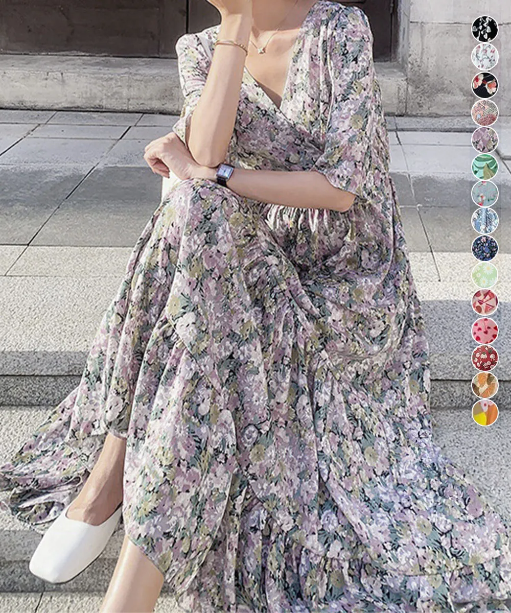 【大人可愛い】花柄5分袖ティアードワンピース レディースVネックハイウエスト体型カバーワンピース 春夏秋着用可