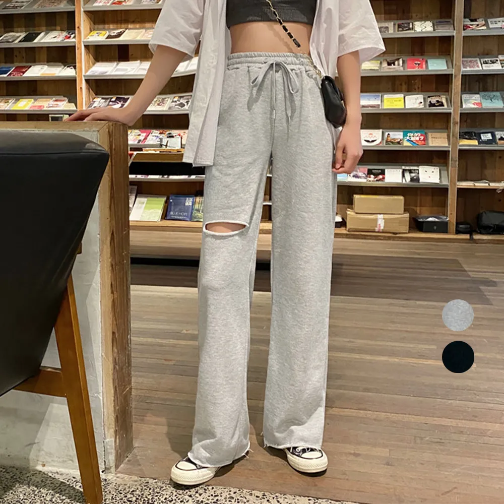 【韓国風】ダメージ加工 薄手スウェットパンツ レディース ウエストゴム&調節紐付き ストレート 着やせ効果 カジュアル リラックス ボトムス | ライトグレー/ブラック M/L