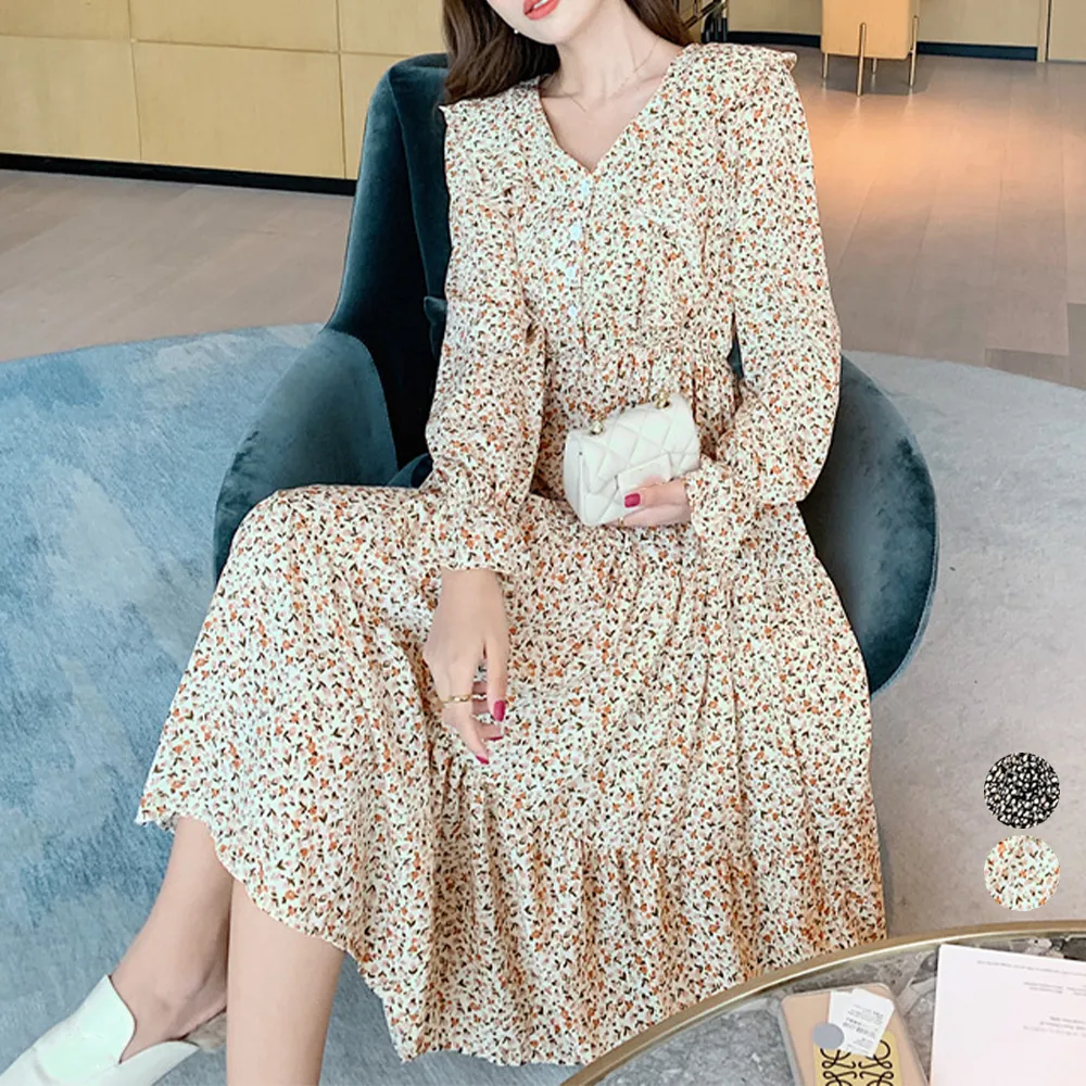 大人可愛い韓国風ティアード花柄ワンピース｜ハイウエストロングデザインで体型カバー