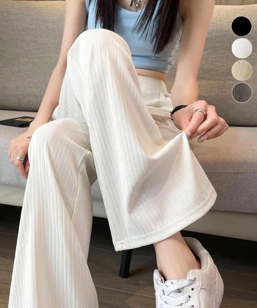 韓国風セミフレアロングパンツ レディース 涼しげ美脚 ハイウエスト ウエストゴム ストレッチ 薄手 長ズボン 着やせ効果