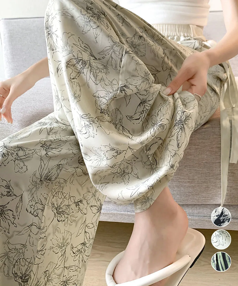 総柄ワイドパンツレディースウエストリボン 韓国風美脚ロングパンツ クール感さらとろ素材 体型カバー ボトムス 通気性抜群 サイドロングリボン | [ストア名]