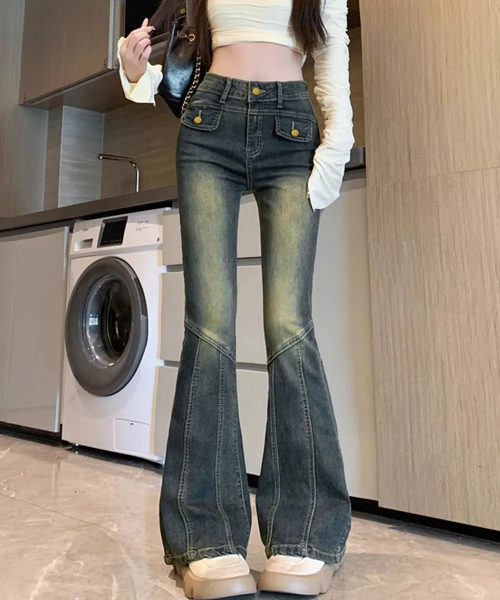レトロセミフレアデニムパンツ レディース - 美脚・脚長効果のストレッチジーパン