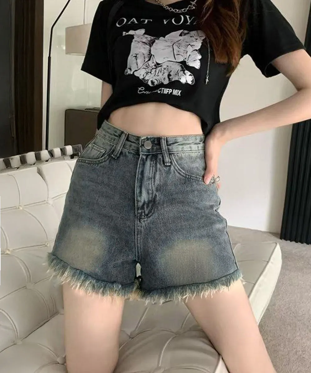 ハイウエスト デニムショートパンツ レディース 美脚 脚長 フリンジデザイン カジュアル 夏コーデ オルチャン アメカジ ブルー S/M/L/XL