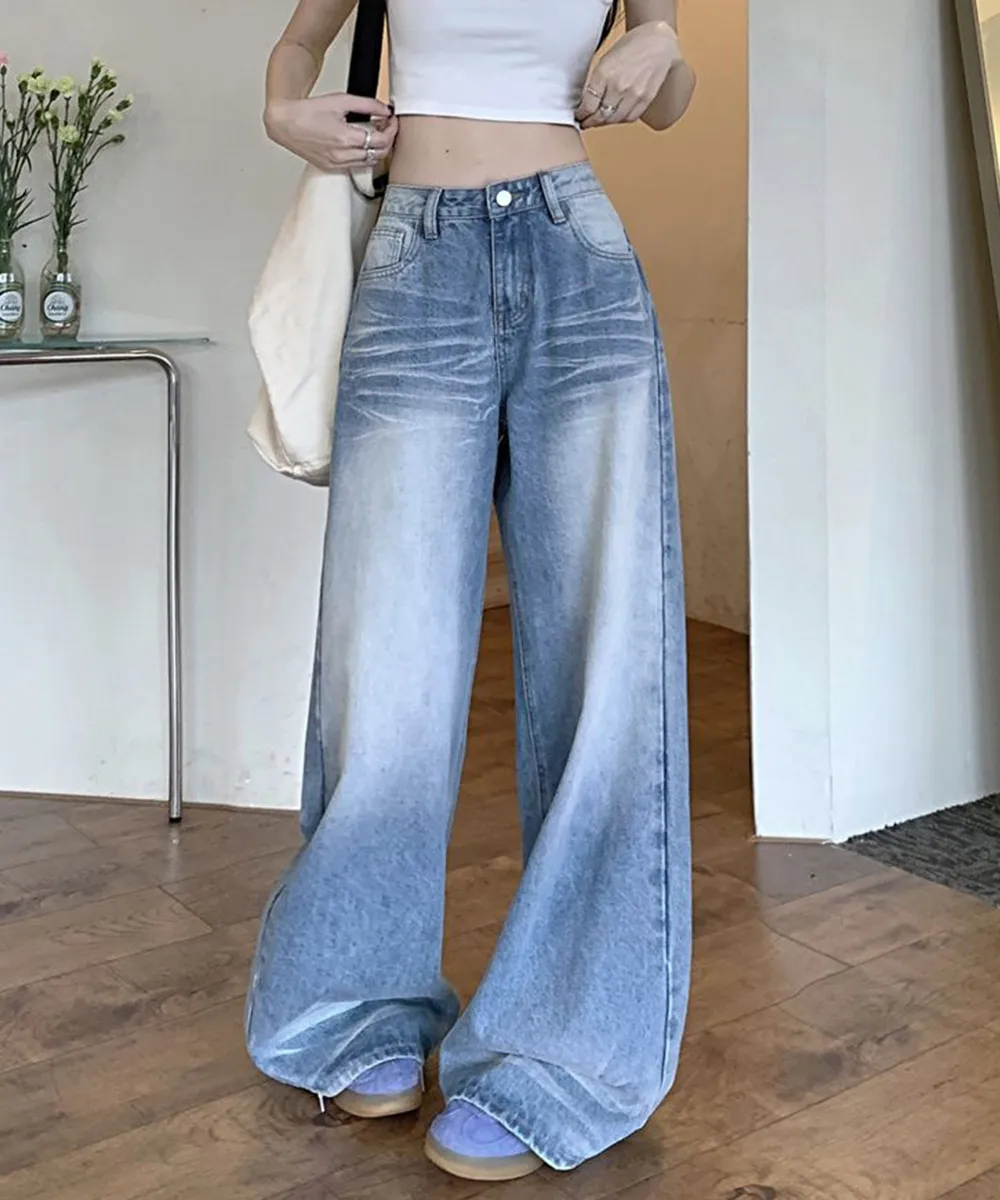 ウォッシュ加工デニムパンツ ワイドシルエット 着やせ効果 韓国ファッション美脚ジーパン