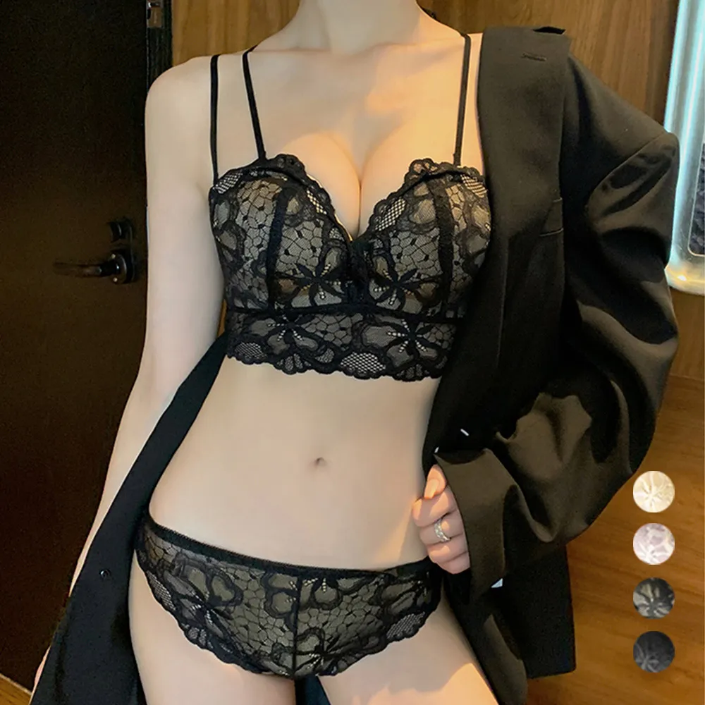 花柄刺しゅうレースランジェリー セクシー ワイヤレス 谷間 バストUP 背中見せ 下着セット