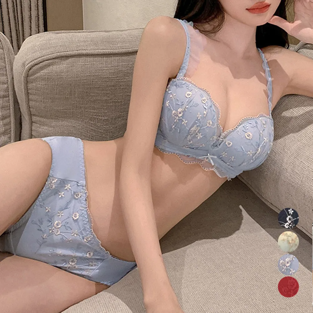 セクシーランジェリーセット レディース レース刺しゅう 谷間ブラ 小胸盛れる美バスト 韓国風デザイン 上下セット