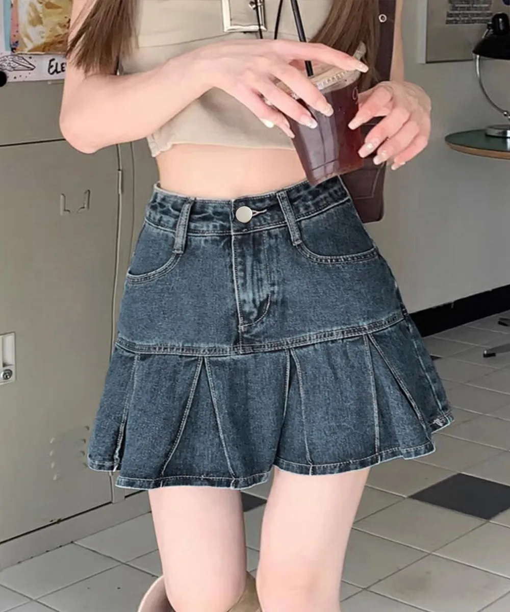 ハイウエストプリーツデニムミニスカート｜Aラインでスタイルアップの韓国風ボトムス｜美脚・美尻レトロデザイン着やせ効果