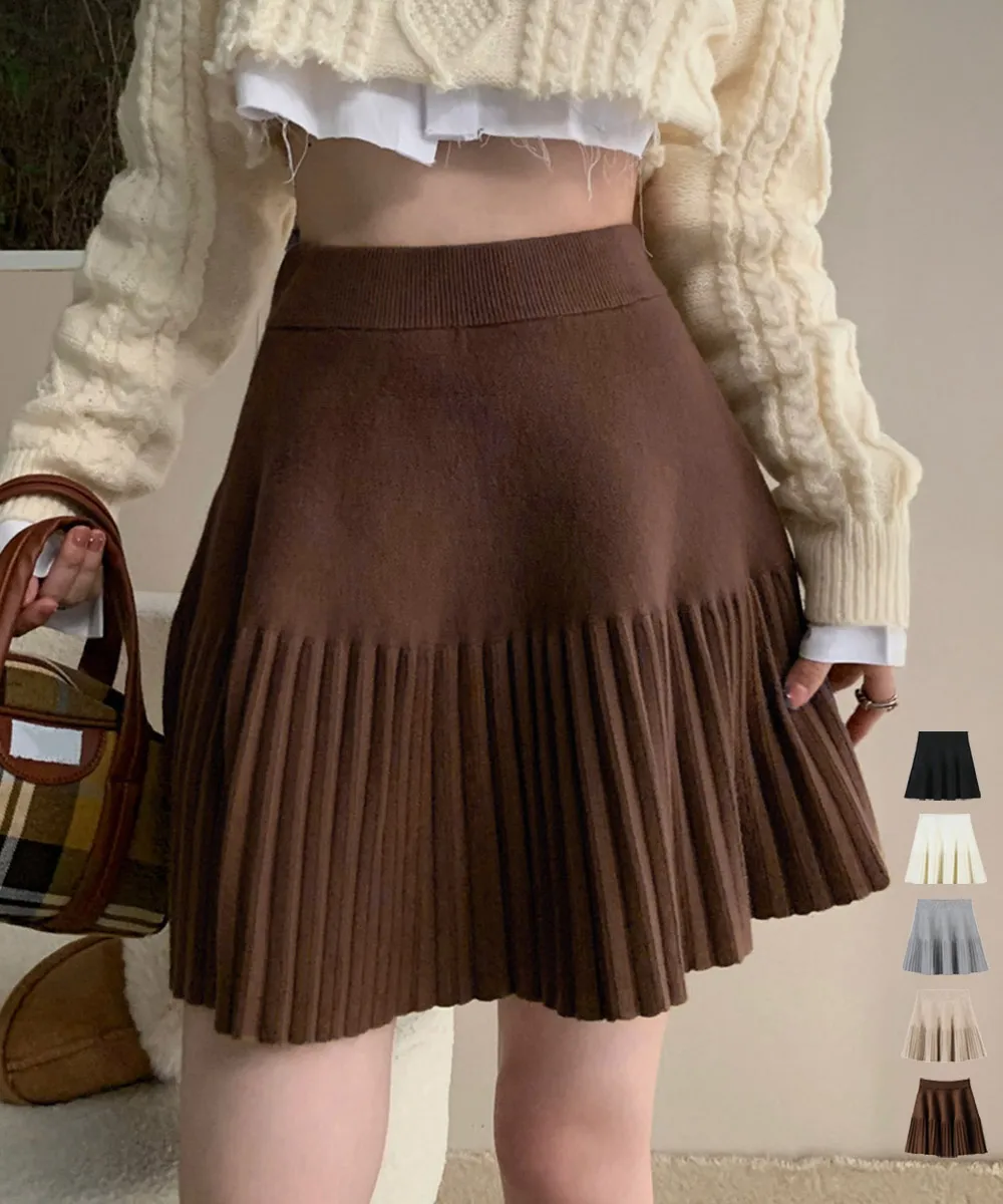秋冬用プリーツデザインニットミニスカート