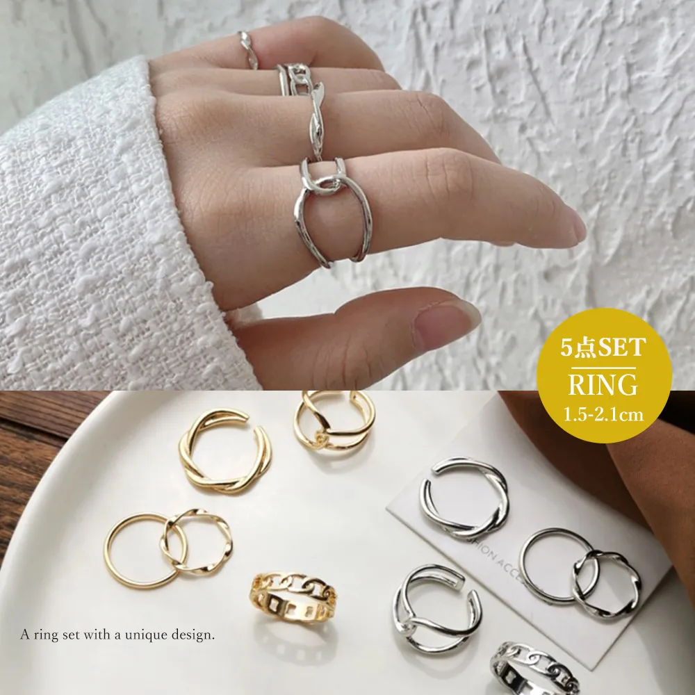マルチデザイン リングセット レディース｜韓国風 シンプル 大人かわいい 5点セット アクセサリー 指輪 重ね付け ギフト