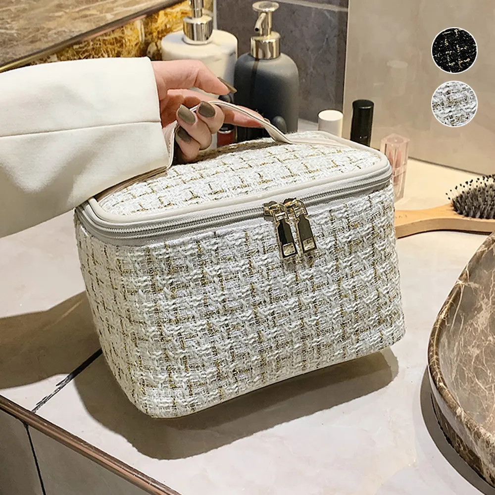大容量コスメポーチ 収納便利 レディース用 ツイード風 軽量 旅行・日常使いに最適 プレゼントにもおすすめ
