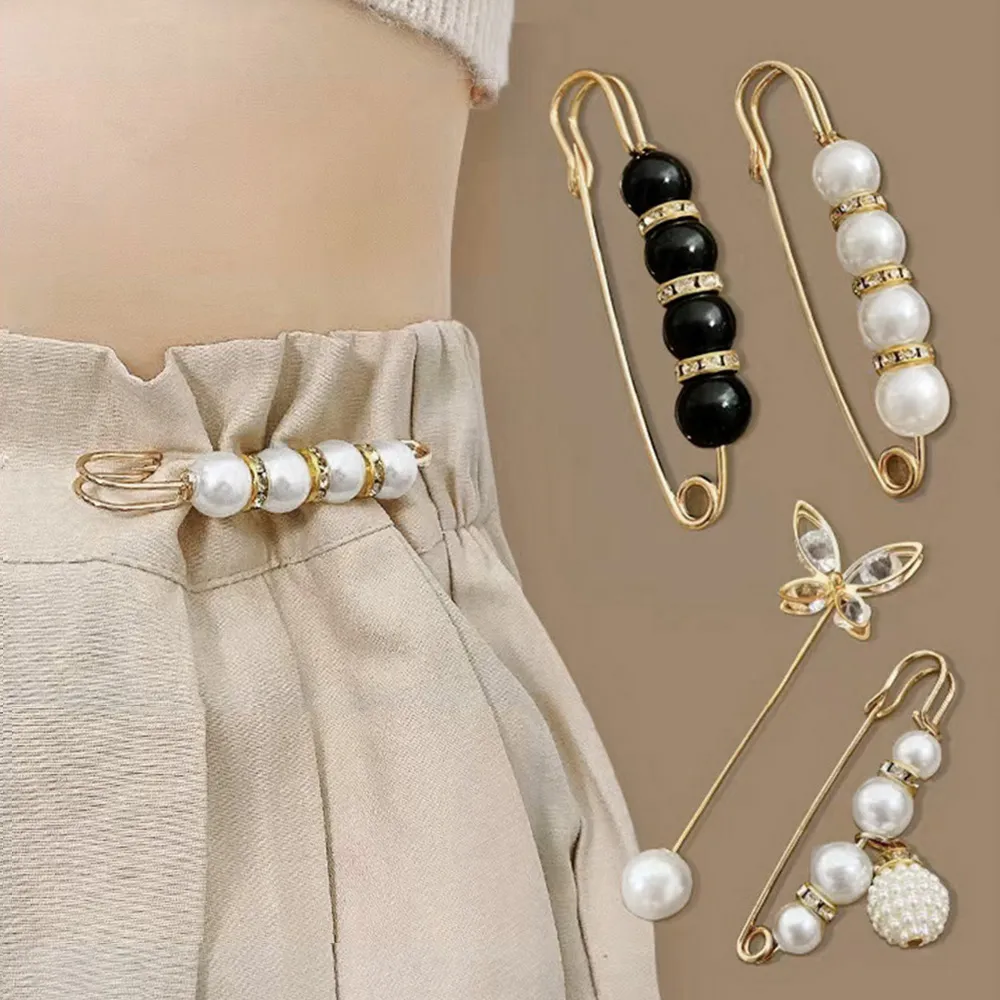 パール&ラインストーン ブローチピン ウエスト調節4点セット エレガントデザイン スカーフ/コート留め レディースアクセサリー プレゼントギフト