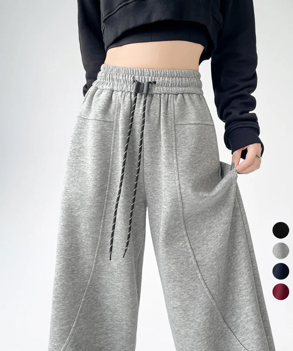スウェットパンツ レディースロングパンツ ハイウエスト ウエストゴム ワイド ストレート 細見え シンプル カジュアル 楽ちん