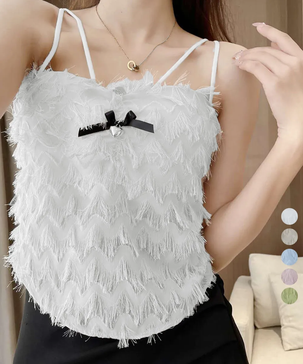 【カップ付き】ふんわりフリンジが魅力的なブラ一体型キャミソール｜ノンワイヤーでバックシャーリング仕様 韓国風リゾートスタイル