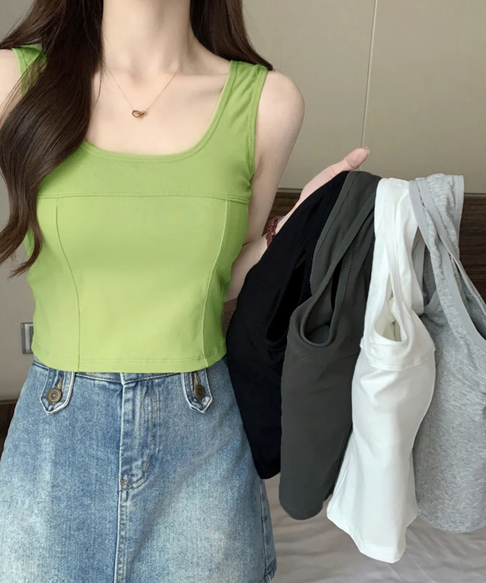 カップ付きショート丈タンクトップ 夏服 レディース ノンワイヤー 着やせ 美胸 韓国風インナー ブラトップ ヨガウェア ダンス衣装 | 黒/白/グレー/グリーン