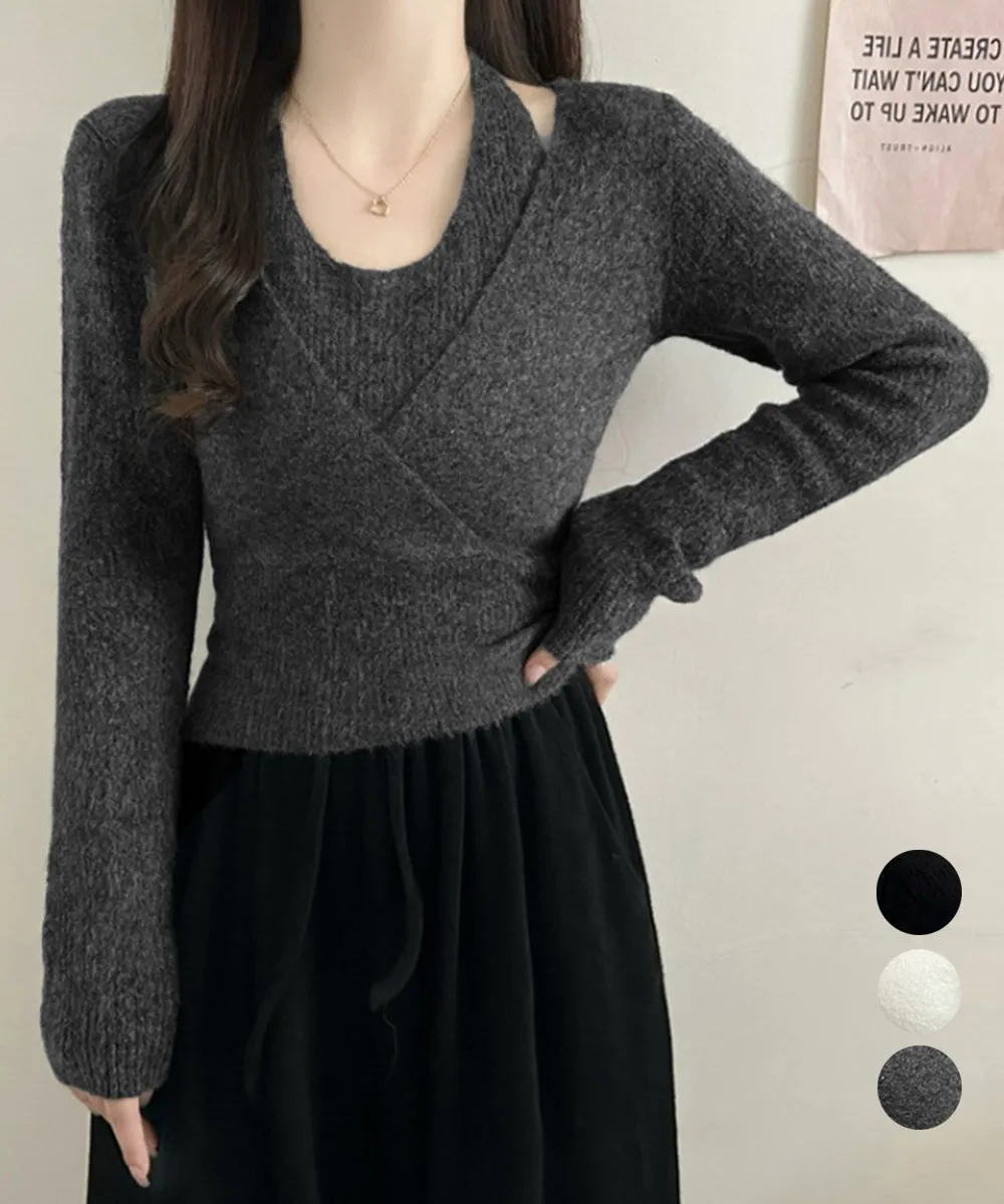 大人カジュアル レイヤードニットトップス ホルターネック カシュクールデザイン ウエスト美ライン 通勤・普段着対応 秋冬ファッション ブラック/アイボリー/ダークグレー
