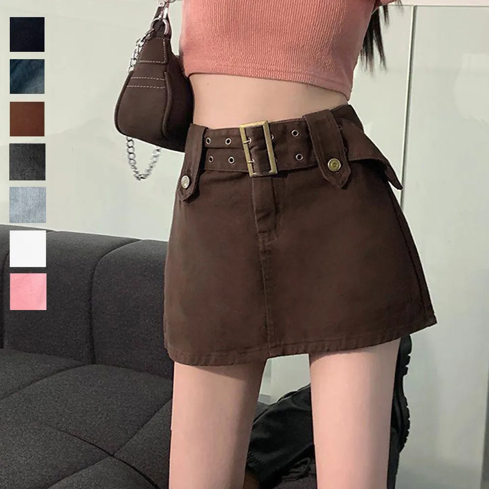 ハイウエストキュロットデニムスカート ベルト付き&チラ見せ防止設計 セクシー美脚韓国ファッション 春秋向け