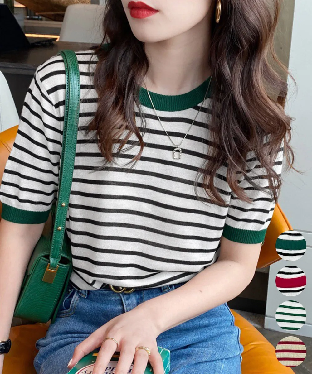 マルチボーダー半袖ニットトップス レディース春夏コーディネート 春夏おしゃれインスタ映え韓国風カジュアルニット