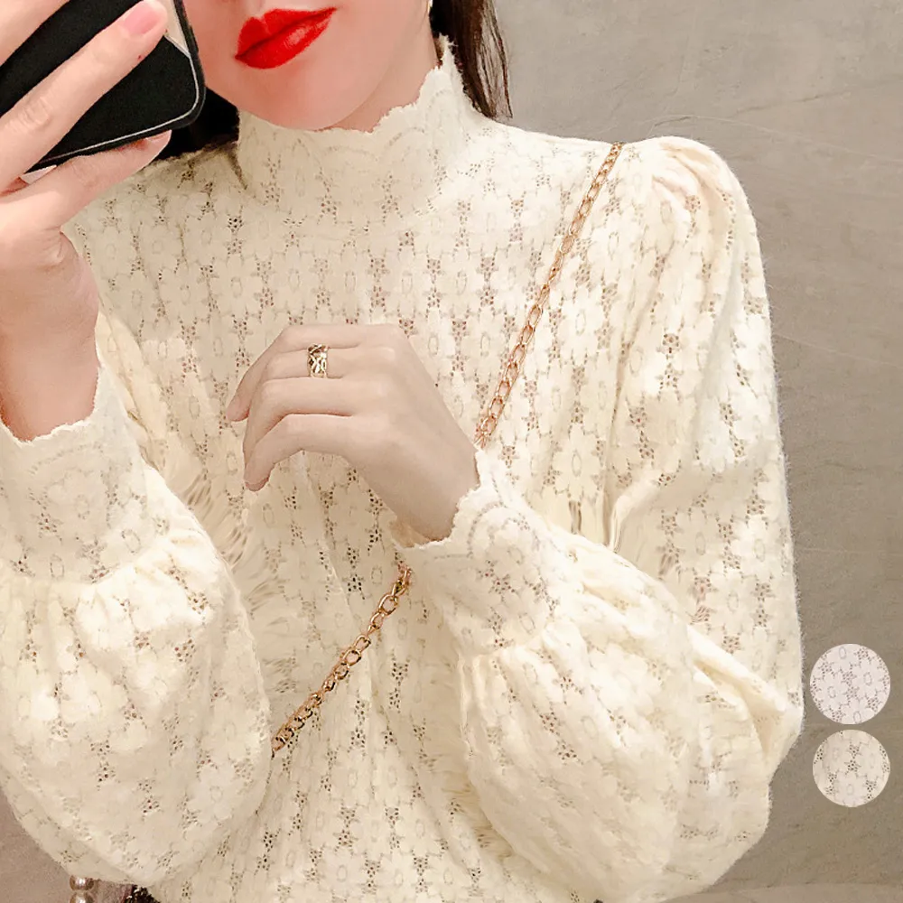 微起毛ハイネックレースブラウス春秋冬｜シースルー×フリル×花柄デザインパフスリーブブラウス