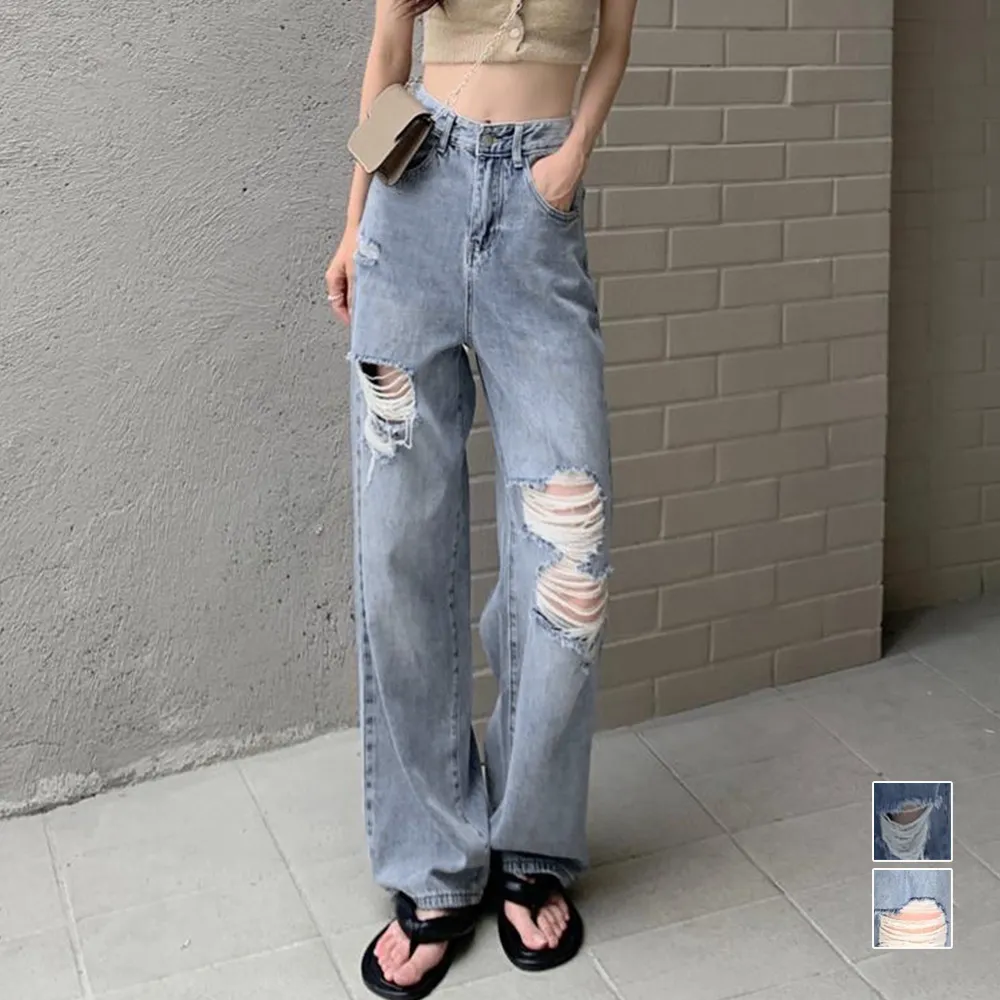 レディース クラッシュダメージデニムパンツ ハイウエスト ストレート サックス/インディゴ 春夏秋着やせ美脚ジーンズ
