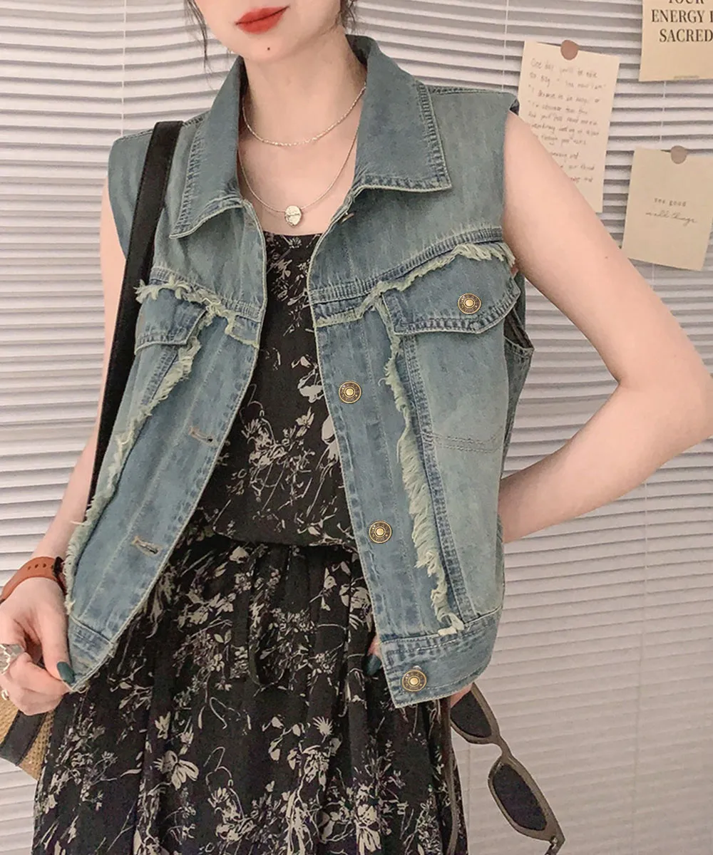  フリンジデニムベスト 襟付き デニムジレ