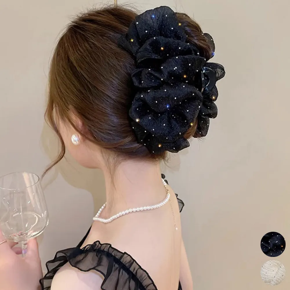 大きめバンスクリップ 韓国風キラキラヘアアクセサリー 上品まとめ髪スタイル