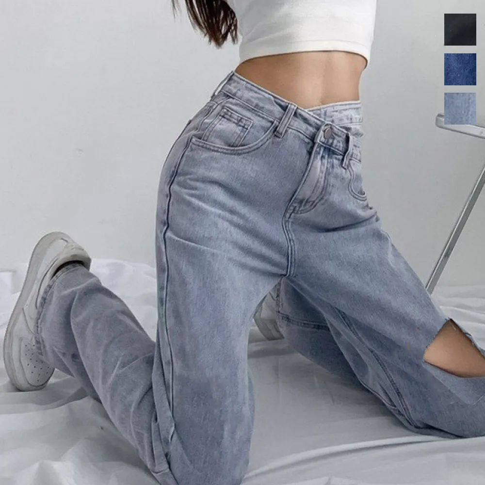 韓国風ダメージデニムパンツ レディース｜ハイウエスト美脚ストレートジーンズ アメカジ・ストリートファッション対応