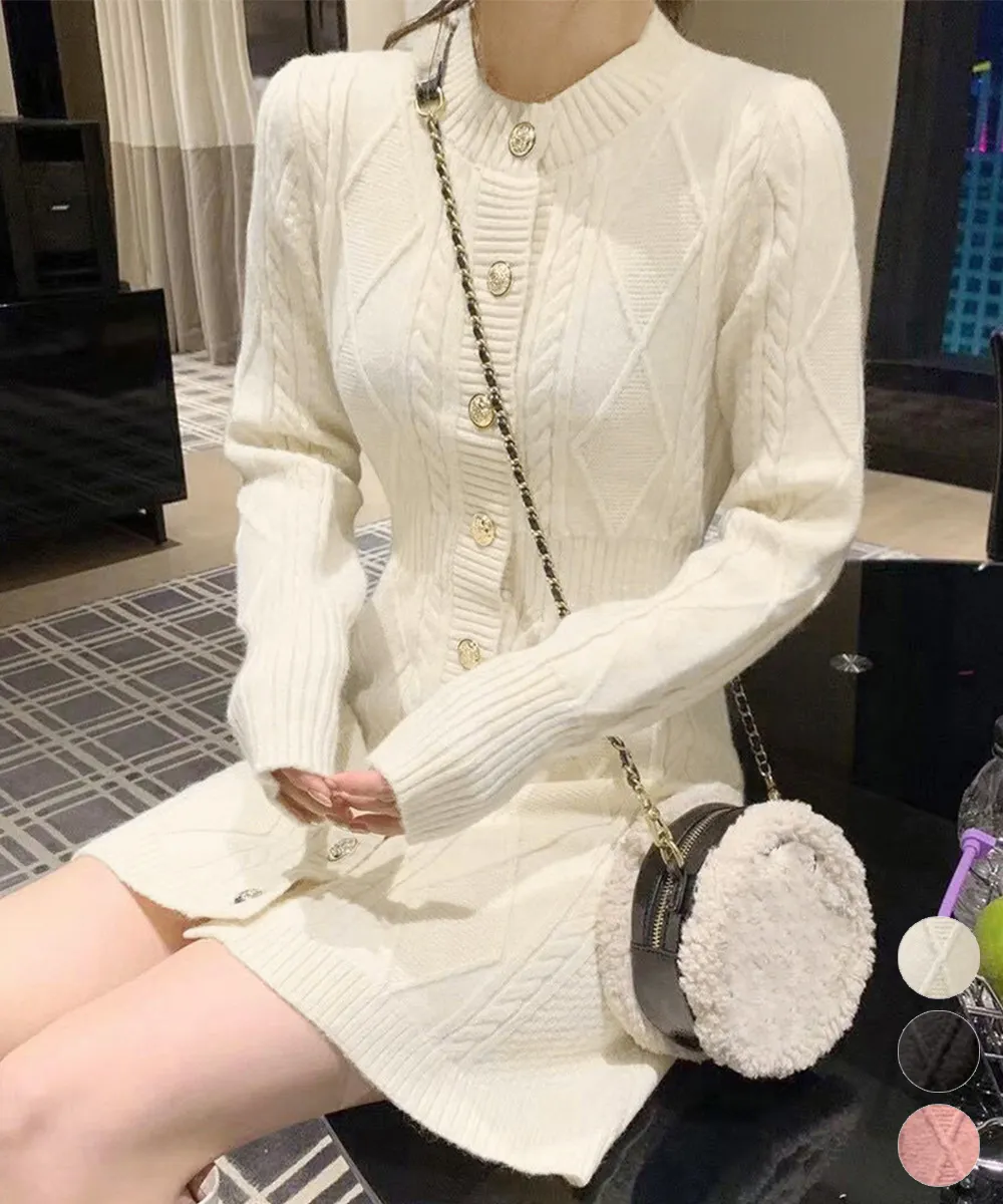 ケーブルニットミニワンピース 長袖秋冬 レディース 着やせボディコン タイトフィット 黒・アイボリー・ピンク 20代大人カジュアル デートにもおすすめ