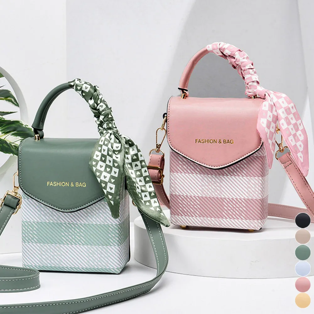 トレンド配色チェック柄ミニショルダーバッグ スカーフ付きで華やかさUP！6色展開 レディースおしゃれな縦型コンパクトバッグ