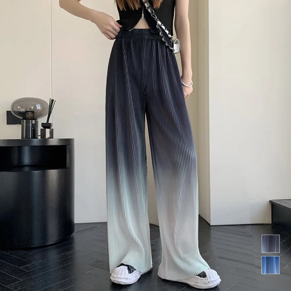 韓国風グラデーションプリーツワイドパンツ ハイウエスト体型カバー 冷感素材で快適夏コーデ