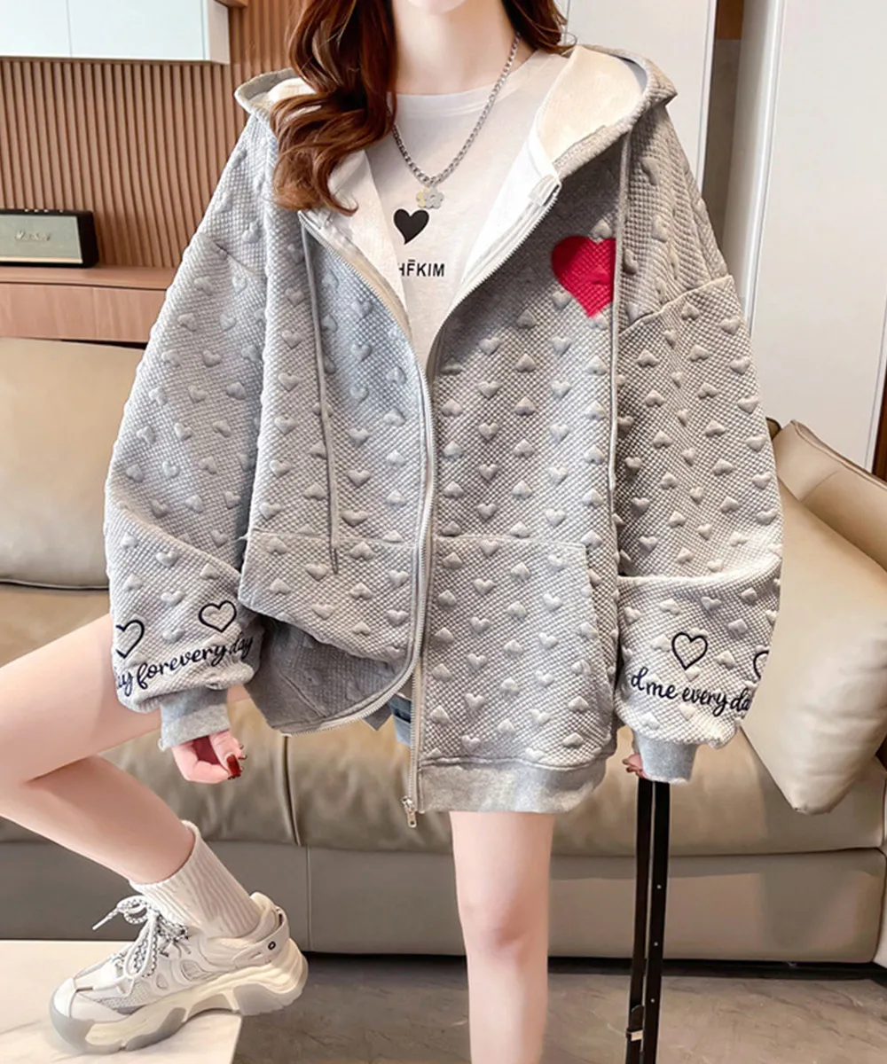 レディースジップパーカー 春秋向けスウェット ハート刺繍ロゴ&エンボス加工 カジュアル ライトアウター ブラック/グレー/ベージュ XL/XXL