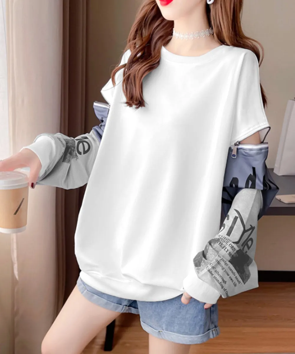 【新作】ロゴ入りビッグトレーナー長袖Tシャツ｜肩ラインカバーで着やせ効果・袖ジッパー付き｜ブラック/ホワイト/ライトグレー｜オーバーサイズ クルーネック ストリート系 原宿ファッション