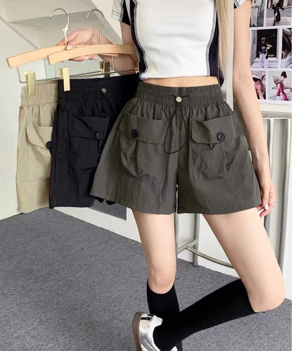 レディース春夏カーゴショートパンツ ハイウエスト美脚デザイン 涼しい韓国風キュロット M/Lサイズ 黒/ベージュ/ダークグレー