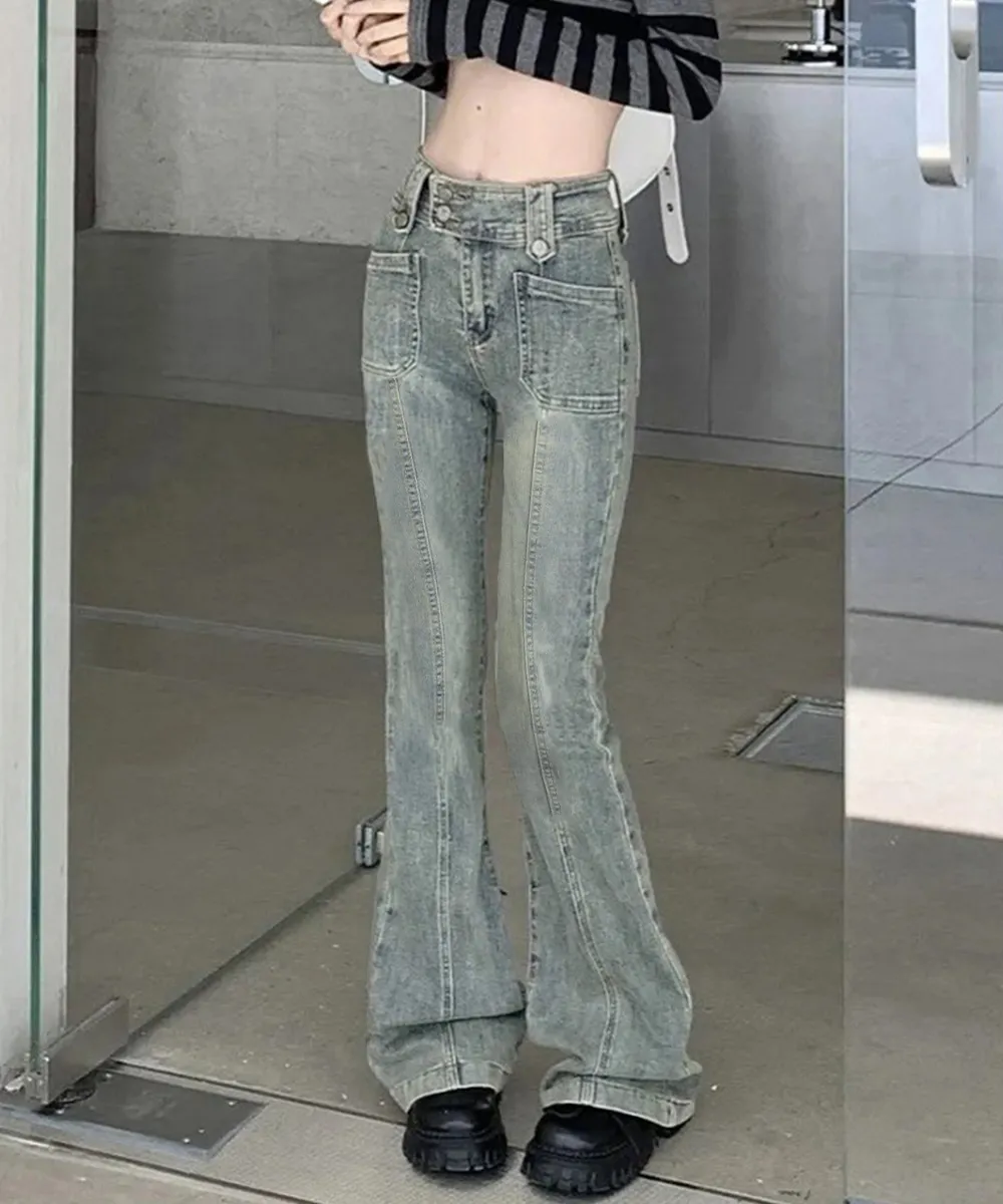 [レディース] ヴィンテージ風セミフレアデニムパンツ ハイウエスト設計&ストレッチ素材