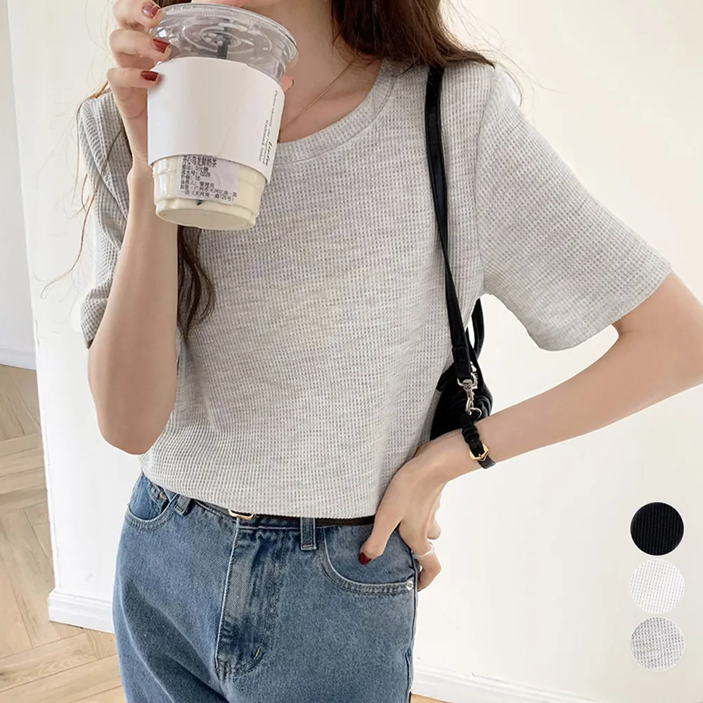 レディース半袖ワッフルTシャツ【韓国風ベーシックデザイン】大人気のシンプル無地トップス！オフィスカジュアルにもピッタリな夏服 黒・白・グレー Lサイズ