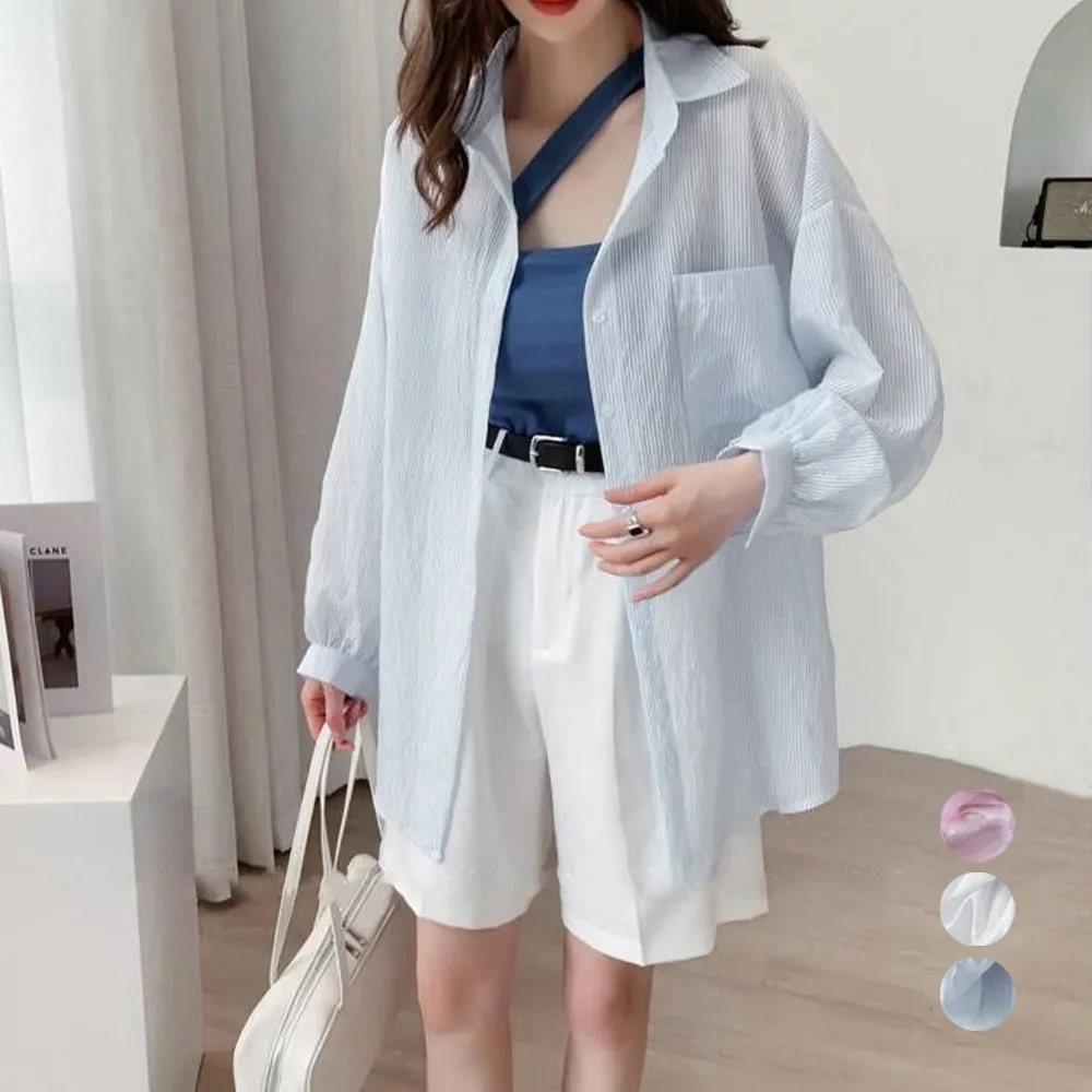 透け感ストライプブラウス｜夏の着やせシャツ ドロップショルダーで体型カバー