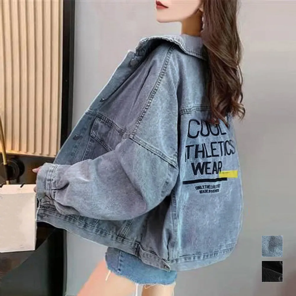 【体型カバー】デニムジャケット レディース バックロゴ刺繍 韓国風英字プリント ゆったりGジャン 春秋冬用アウター