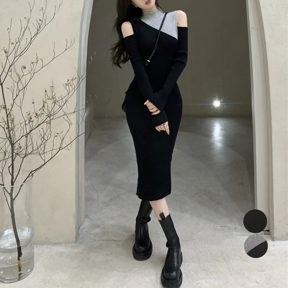 【2wayデザイン】肩出しリブニットロングワンピース 秋冬大人カジュアル フェミニンフィット 黒 韓国風