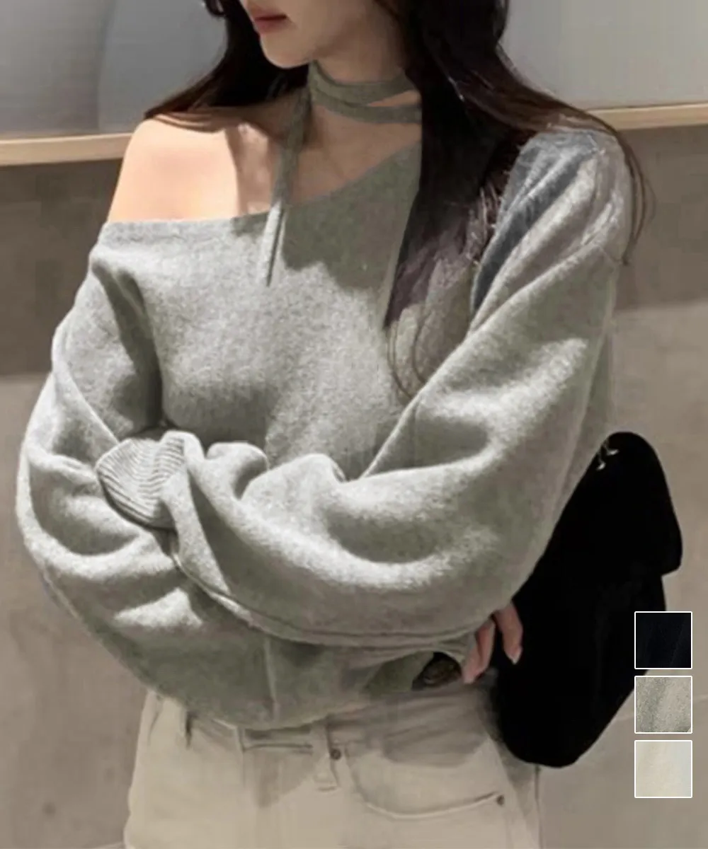 オフショルダーニットトップス 春秋向け 韓国風セクシープルオーバー 大人可愛いデザイン アンバランストップス