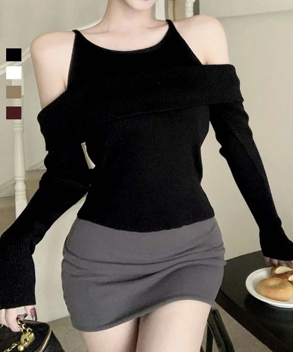 韓国風ニットトップス オフショルダー 長袖セーター ストレッチ素材で美ライン | コンパクトデザインの肩出しトップス