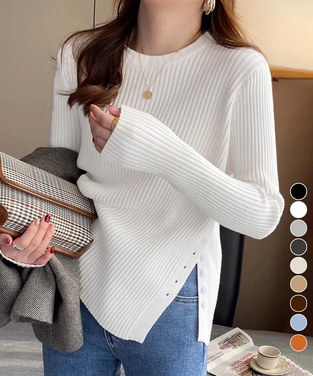 長袖リブニットカットソー サイドボタンでアレンジ可能 ベーシックカラー全9色｜大人秋服の万能トップス