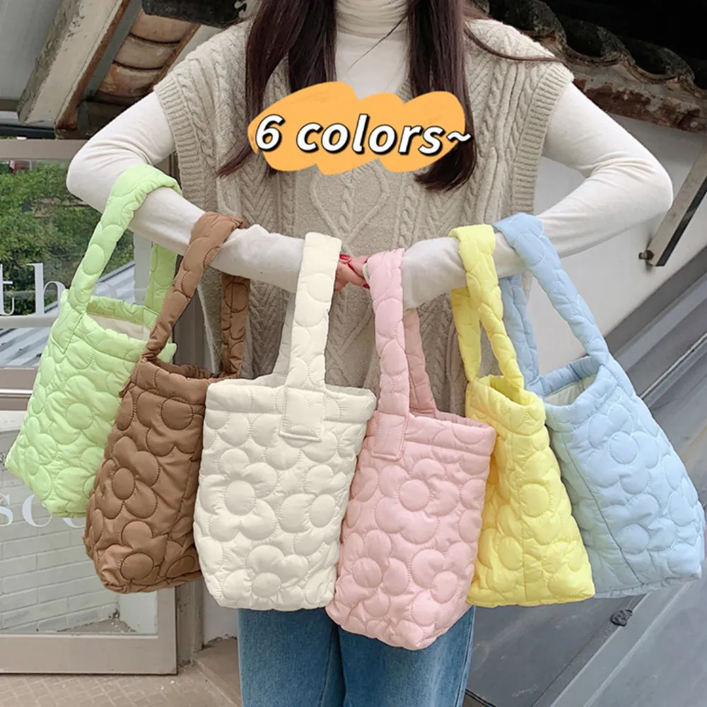 【パステルカラー】ミニトートバッグ 韓国風キルティング 花柄ステッチ 大人可愛いバケツ型 縦型ハンドバッグ おしゃれランチバッグ
