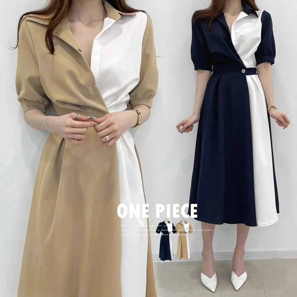 上品Vネックシャツワンピース ロング丈 韓国風 体型カバー ウエストマーク 大人レディース 春夏通勤